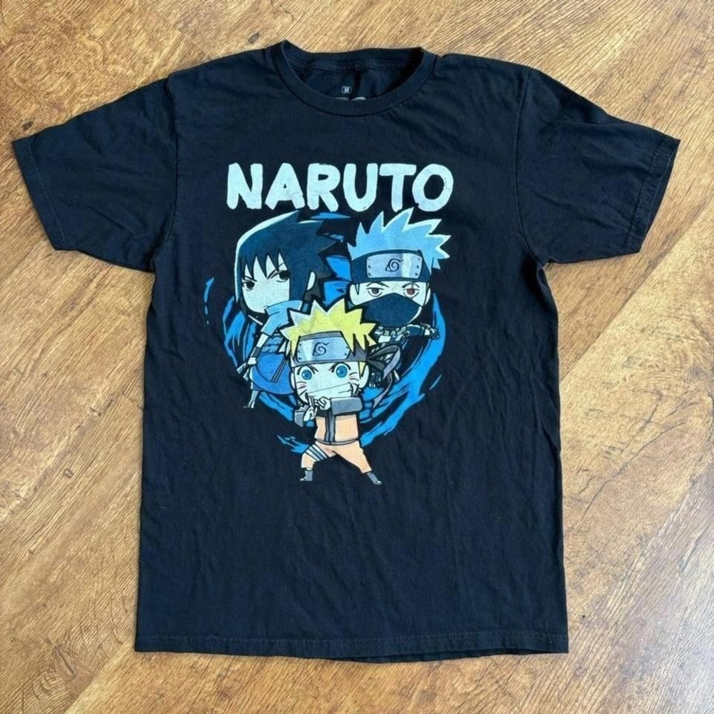 faded black Naruto cracked graphic T-shirt with multi-colour graphics